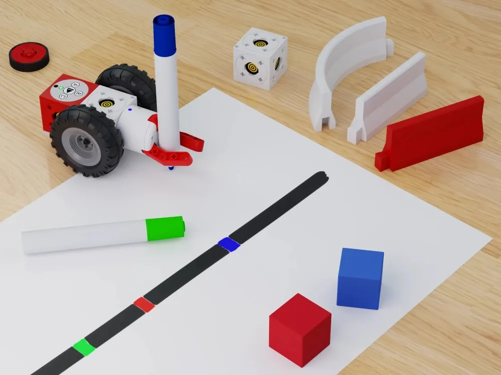 Ein eXperiBot, der einen Stift hält, eXperiBot-Module, Schaumstoffwürfel und 3D-gedruckte Banden.